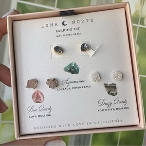New Luna Norte Druzy Crystal Quartz 14k Plated Brass 3 pc. Earring Set